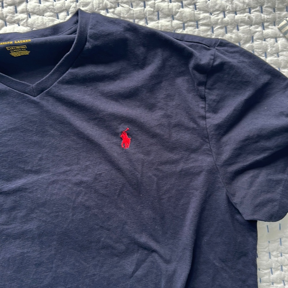 Men’s Large Dark Blue Ralph Lauren Polo Cotton V Neck Short Sleeve Tee-Shirt